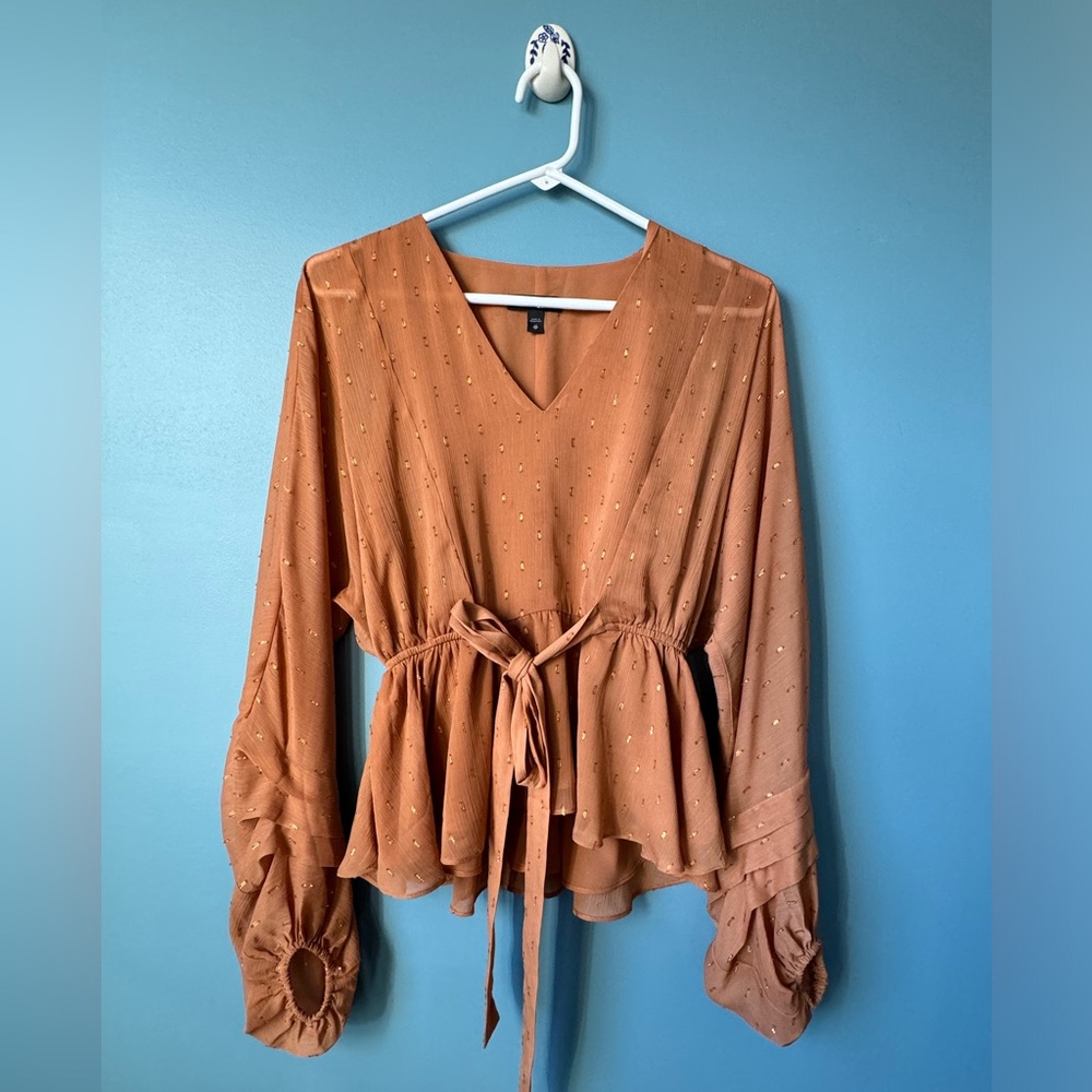 Express Long Sleeve Orange Rust Tie Top, XS